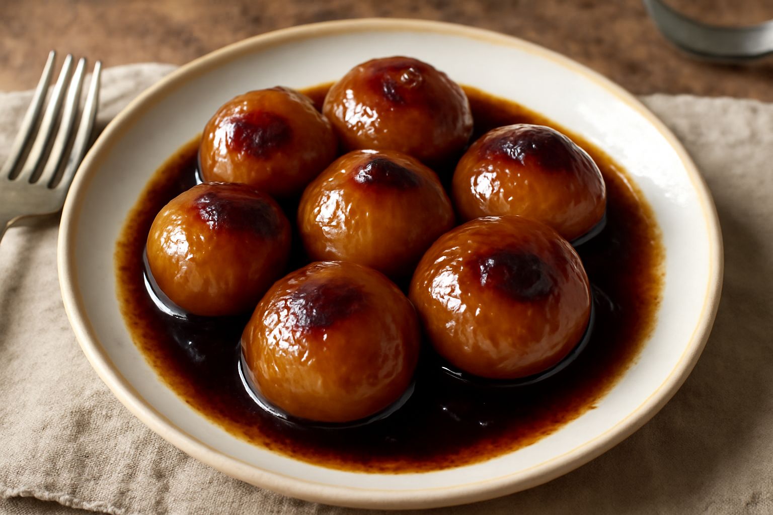 Cipolline intere e lucide ricoperte di salsa agrodolce in una ciotola bianca, con base caramellata scura e brillantezza translucida della glassa, foglie di prezzemolo fresco come guarnizione