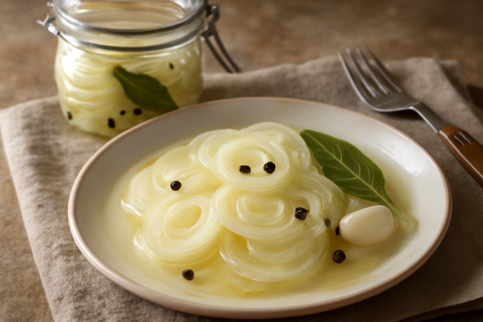 Cipoline bianche tagliate a fette sottili, trasparenti e lucide, immerse in liquido limpido con aceto e spezie, in un barattolo di vetro. Fondo sfocato con tavolo di legno scuro.