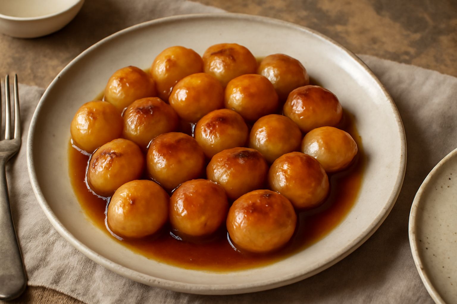 Cipolline bianche e dorate caramellate, con glassa trasparente e lucida, disposte in una ciotola di ceramica bianca, con gocce di aceto balsamico scuro visibili sulla superficie