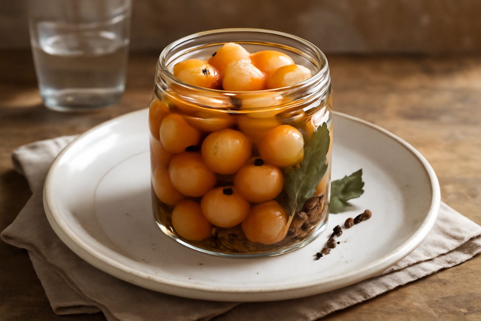 Vasetto di vetro con cipolline bianche e trasparenti immerse in aceto chiaro, con spezie visibili e foglie di alloro, su sfondo di legno naturale