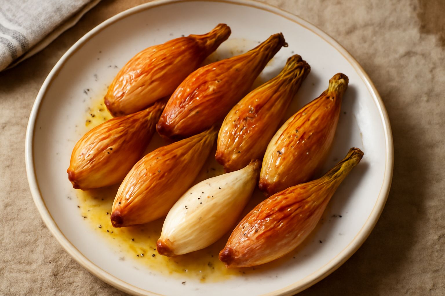 Cipollotti interi dal colore dorato-ambrato su un piatto bianco, con i bordi caramellati, ancora umidi di olio, contorno di erba cipollina fresca e cristalli di sale marino
