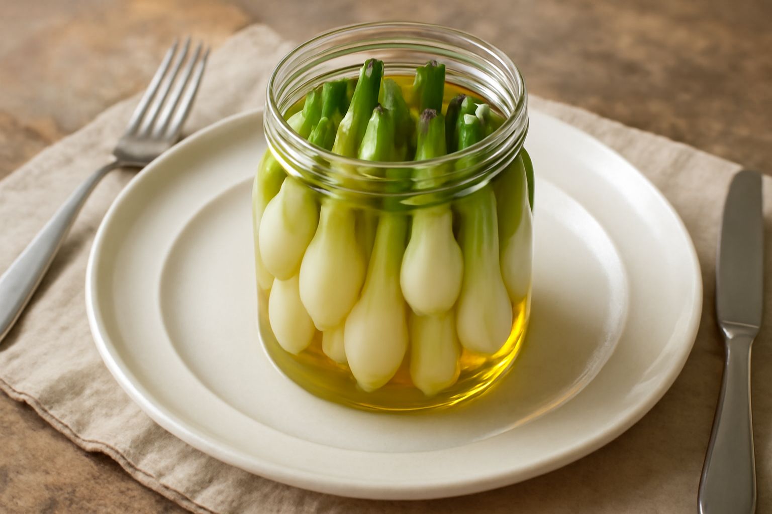 Vaso di vetro trasparente con cipollotti bianchi e verdi conservati in olio dorato, coperchio ermetico, su sfondo di marmo chiaro con cipollotti freschi a fianco
