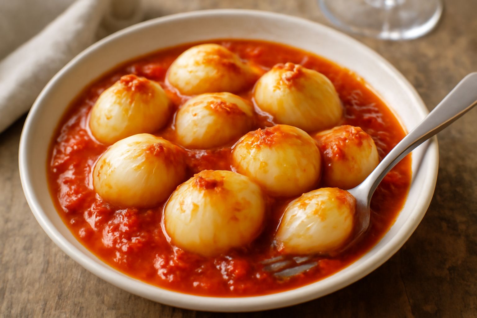 Cipollotti interi in umido nel loro sugo rosso di pomodoro, glossati e lucidi, serviti in una ciotola bianca con prezzemolo fresco sopra e salsa ancora fumante attorno