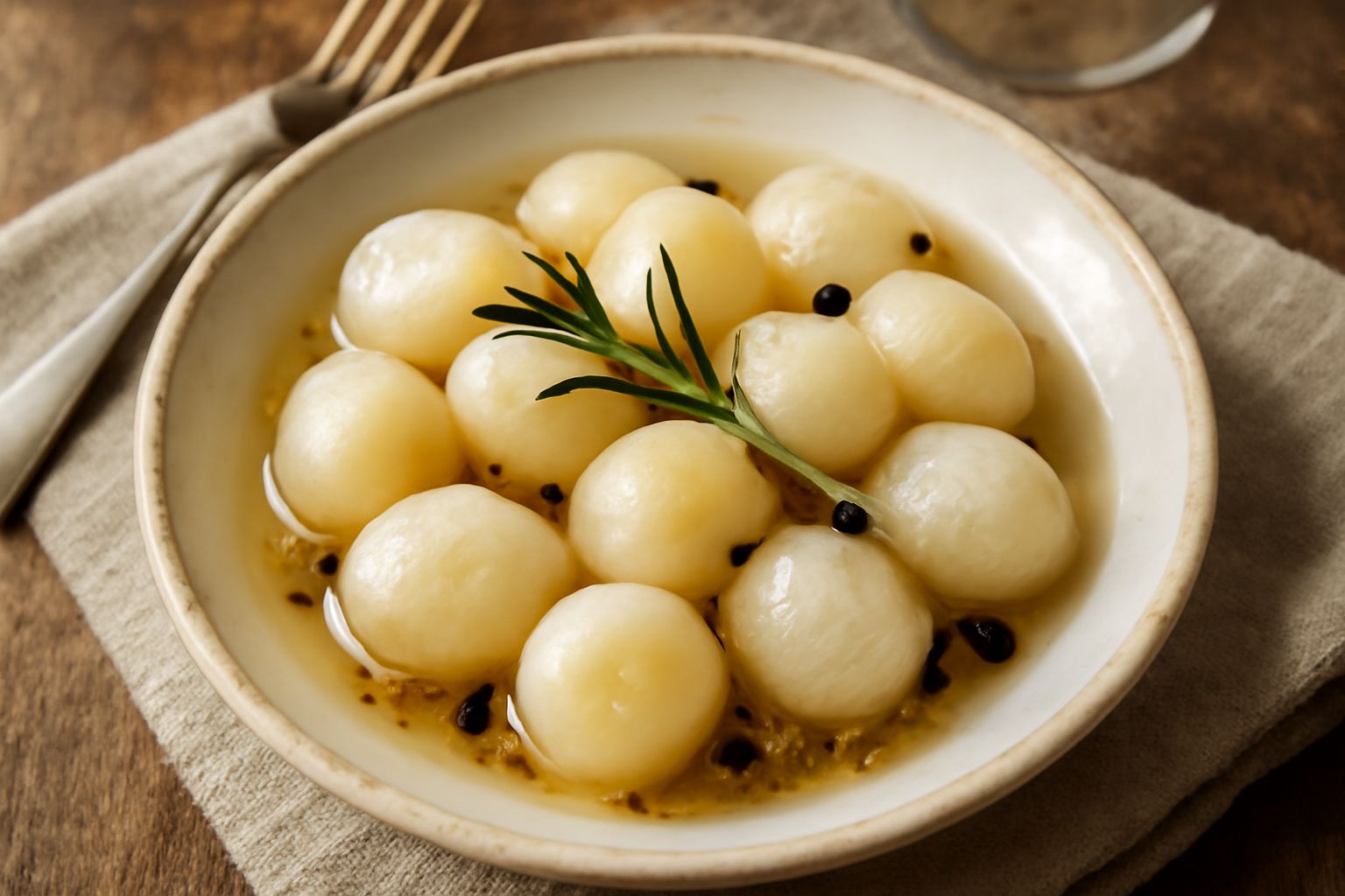 Barattolo di vetro trasparente riempito di cipolotti interi color bianco avorio, ricoperti di liquido trasparente tendente al giallo dorato, con visibili semi di senape nera, foglie di alloro e piccol