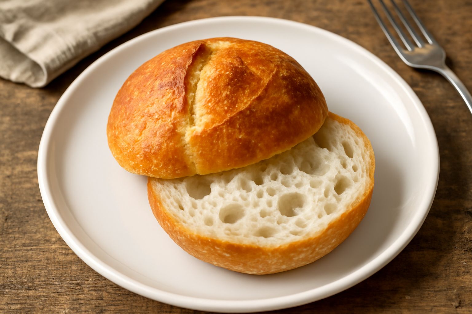 Tre ciriole romane dorate e croccanti con la tipica forma a rosetta, tagliate a metà per mostrare l'interno bianco e soffice, su un canovaccio di lino beige