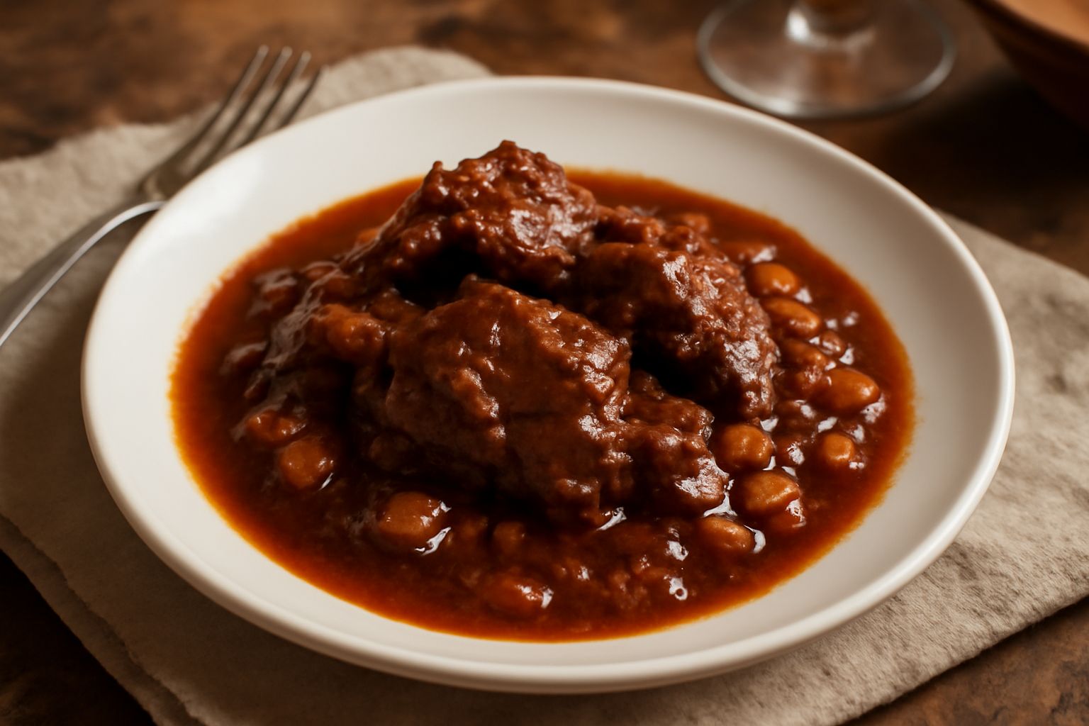Piatto di ceramica con civet di lepre: pezzi di carne scura in salsa ricca di colore rosso-marrone, contornato da cipolla e carota cotta, prezzemolo fresco verde in cima, pane tostato ai lati