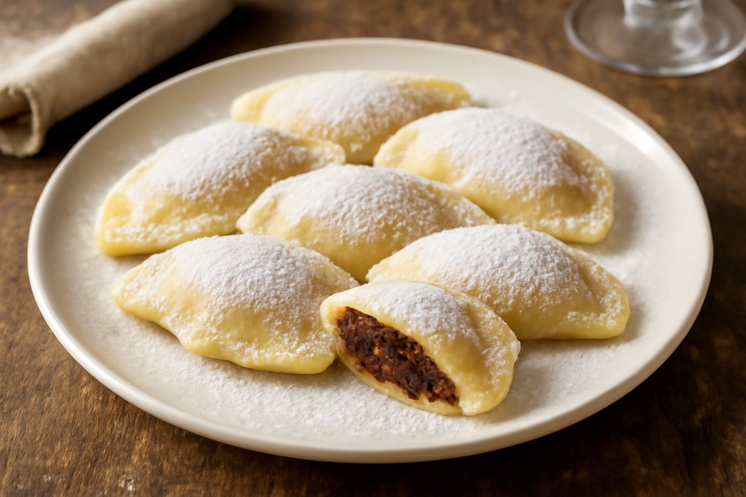 Cjalzons dorati e croccanti su un piatto bianco, ricoperti di zucchero a velo, disposti in fila con uno spaccato che mostra il ripieno marrone scuro di frutta secca e uvetta