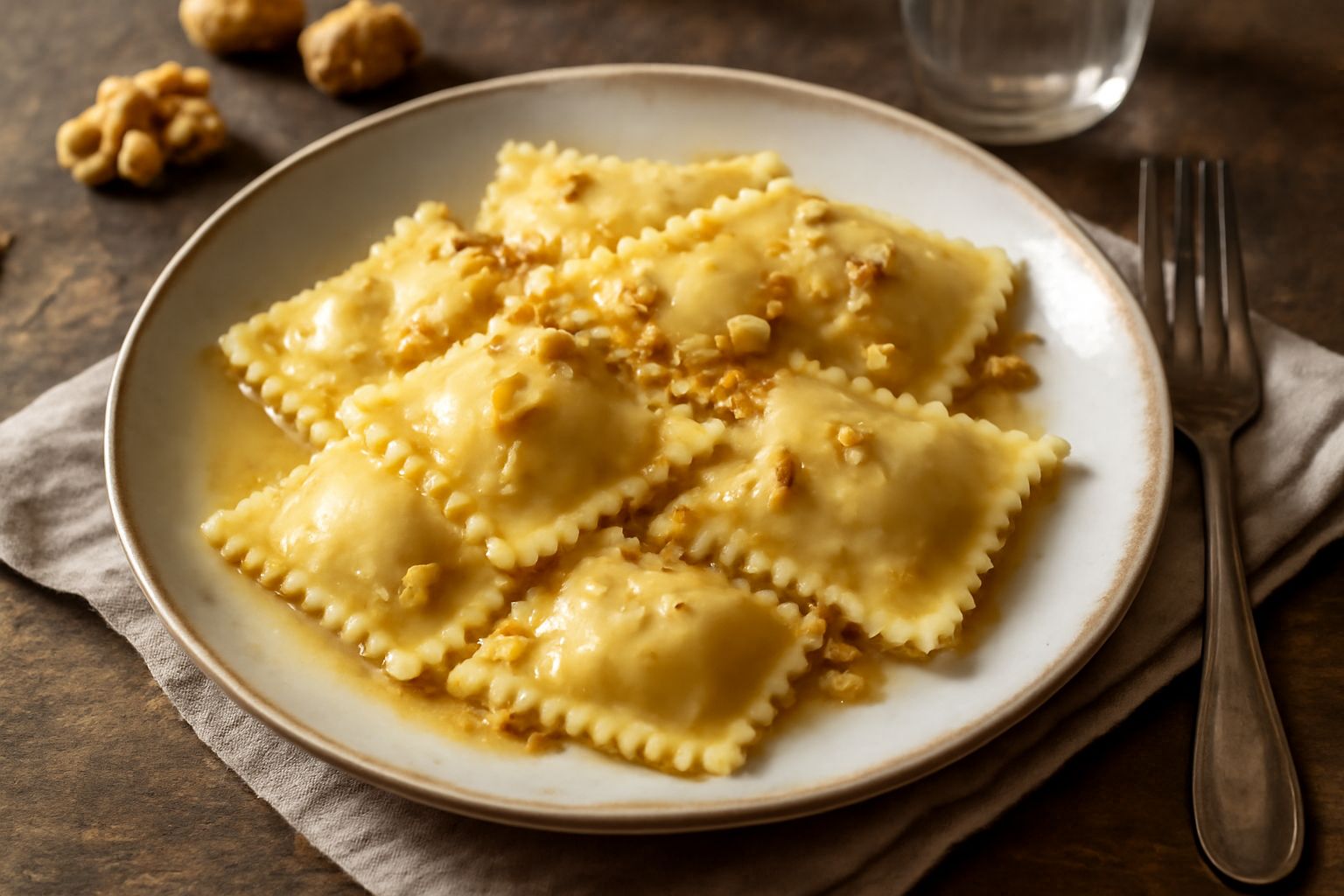 Piatto di cjarsons appena lessati, ravioli quadrati color nocciola con bordi ondulati ben sigillati, cosparsi di burro fuso e noci tritate, su sfondo bianco con forchetta di legno