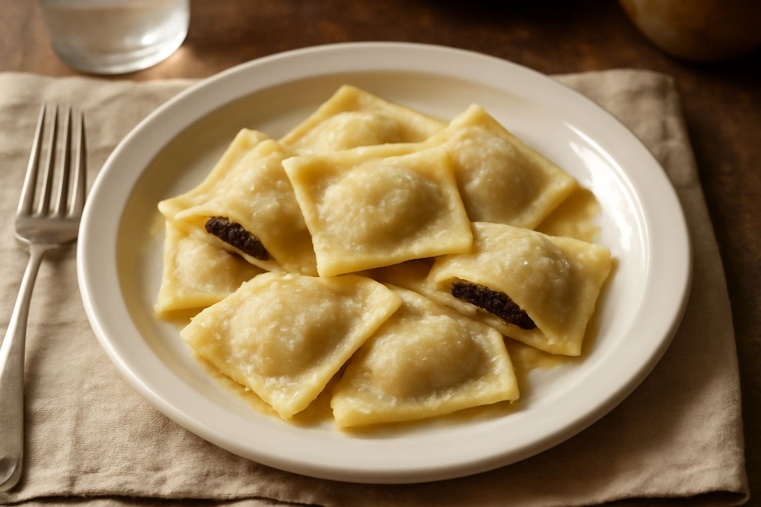 Cjarsons quadrati ripieni disposti nel piatto bianco, spolverati di zucchero e burro fuso, circonati da salsa di prugne scura e brunastre, con un fondo di patata visibile dal taglio