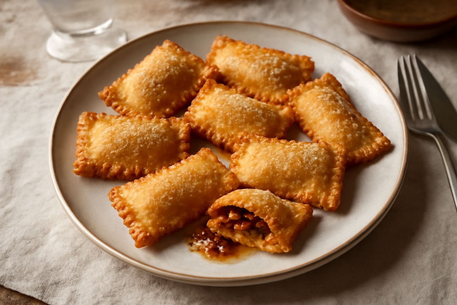 Cjarsons piemontesi appena fritti, dorati e croccanti, cosparsi di zucchero semolato e cannella in polvere, disposti su un piatto bianco con carta assorbente