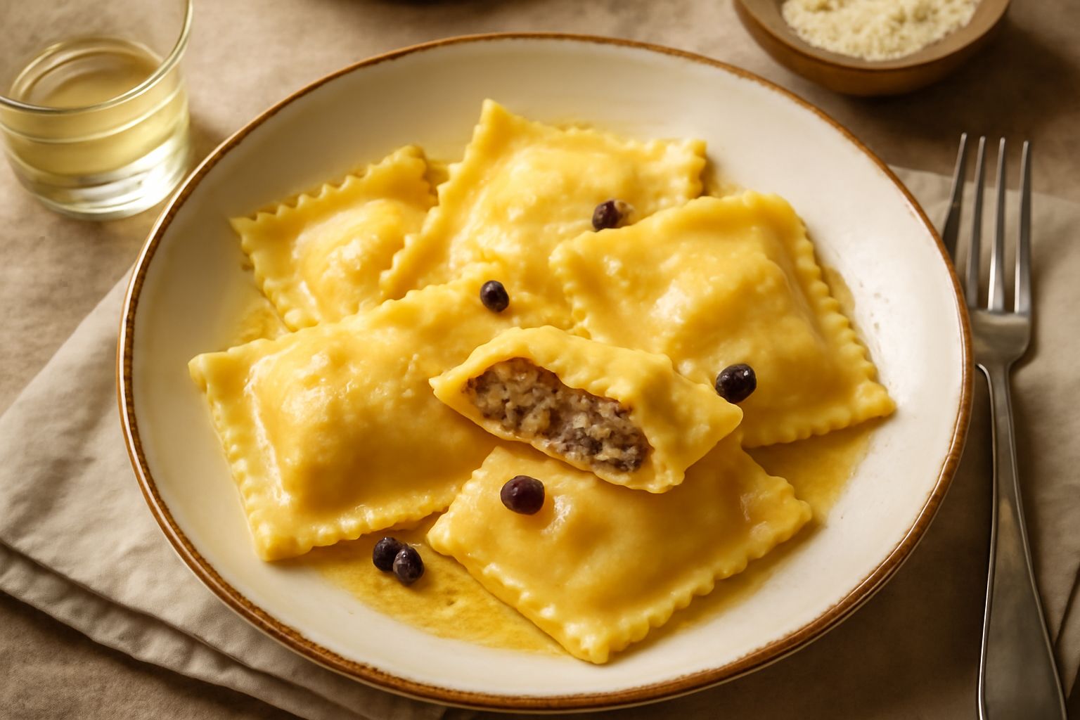 Piatto di «cjarsons» appena cotti, ravioli rettangolari ripieni con rigatelle crema e burro fuso, cosparsi di formaggio grattugiato e noce moscata, seduti su piatto bianco con bordo sottile