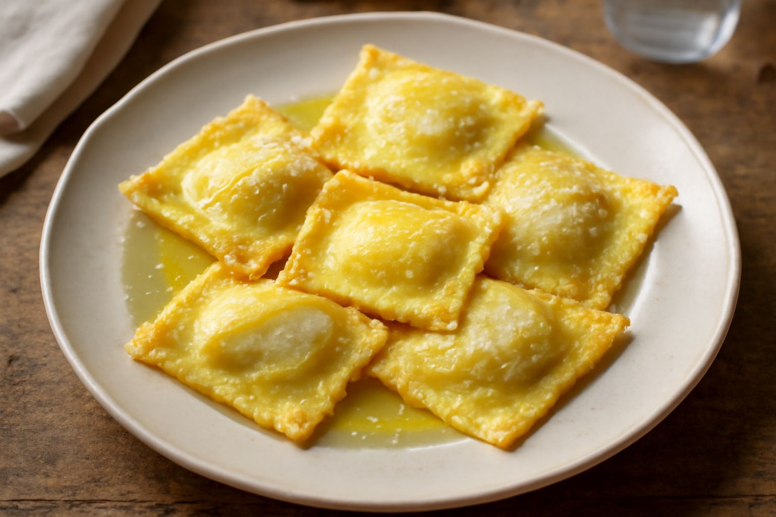 Piatto di cjarsons dorati croccanti, ricoperti di burro fuso trasparente e parmigiano grattugiato bianco, su un fondo bianco con una forchetta a sinistra