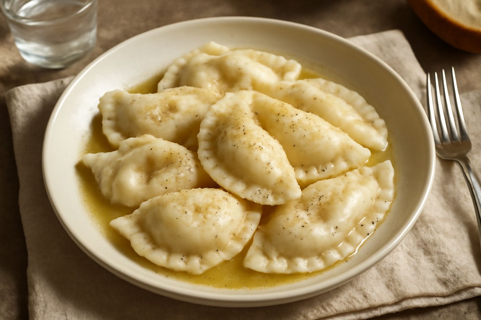 Cjarsons appena bolliti in un piatto di ceramica bianca, con mantecatura di burro fuso e salvia fresca, leggermente infarinati, ripresa dall'alto con una forchetta sul bordo
