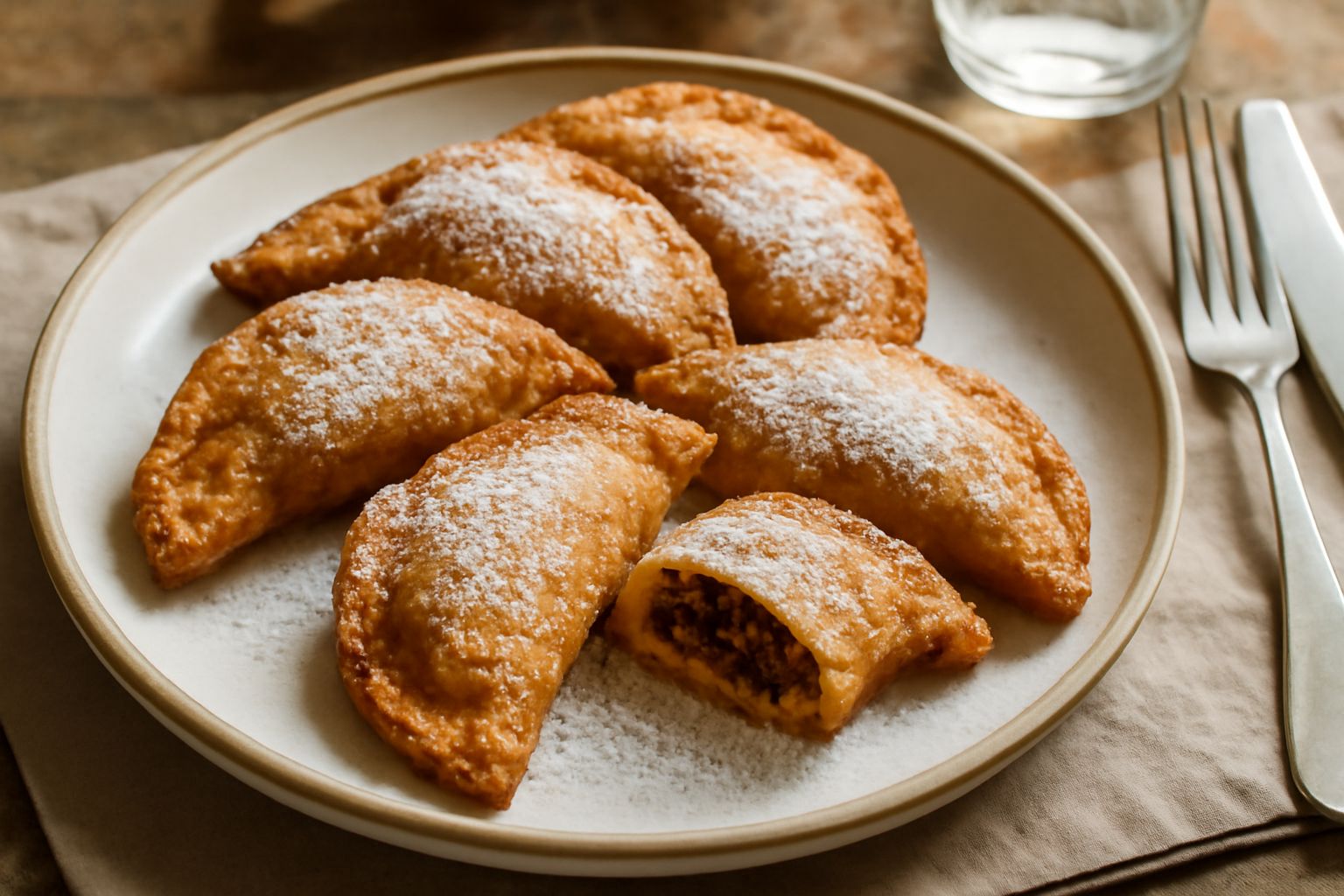 Cjarsons dolci dorati e croccanti su un piatto bianco, con zucchero a velo spolverato, ripieno di mele visibile dal taglio, circondati da mele tagliate e uvetta scura