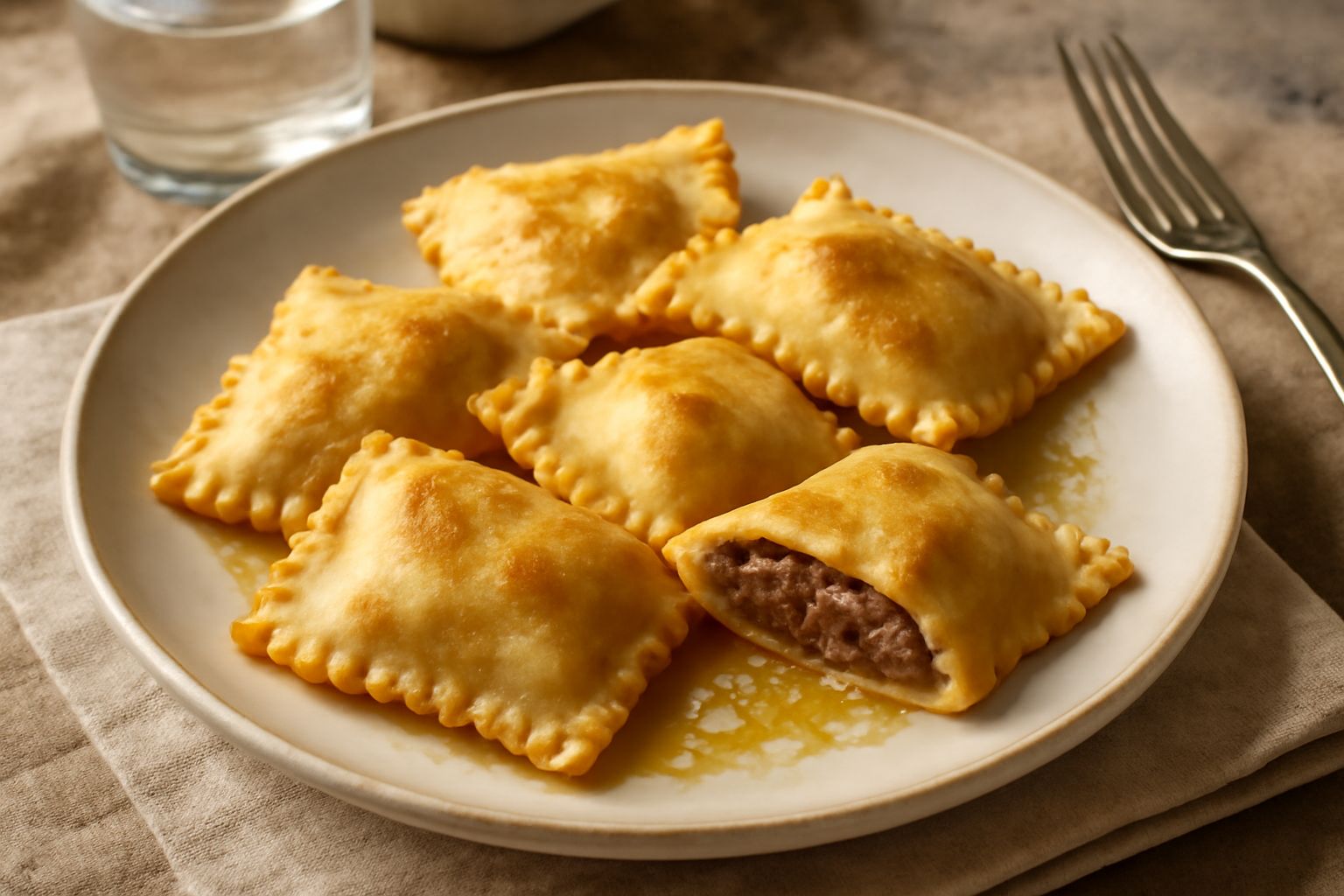 Cjarsons fritti su un piatto bianco cosparsi di zucchero a velo, con la superficie dorata e croccante, accanto a un cucchiaio di legno