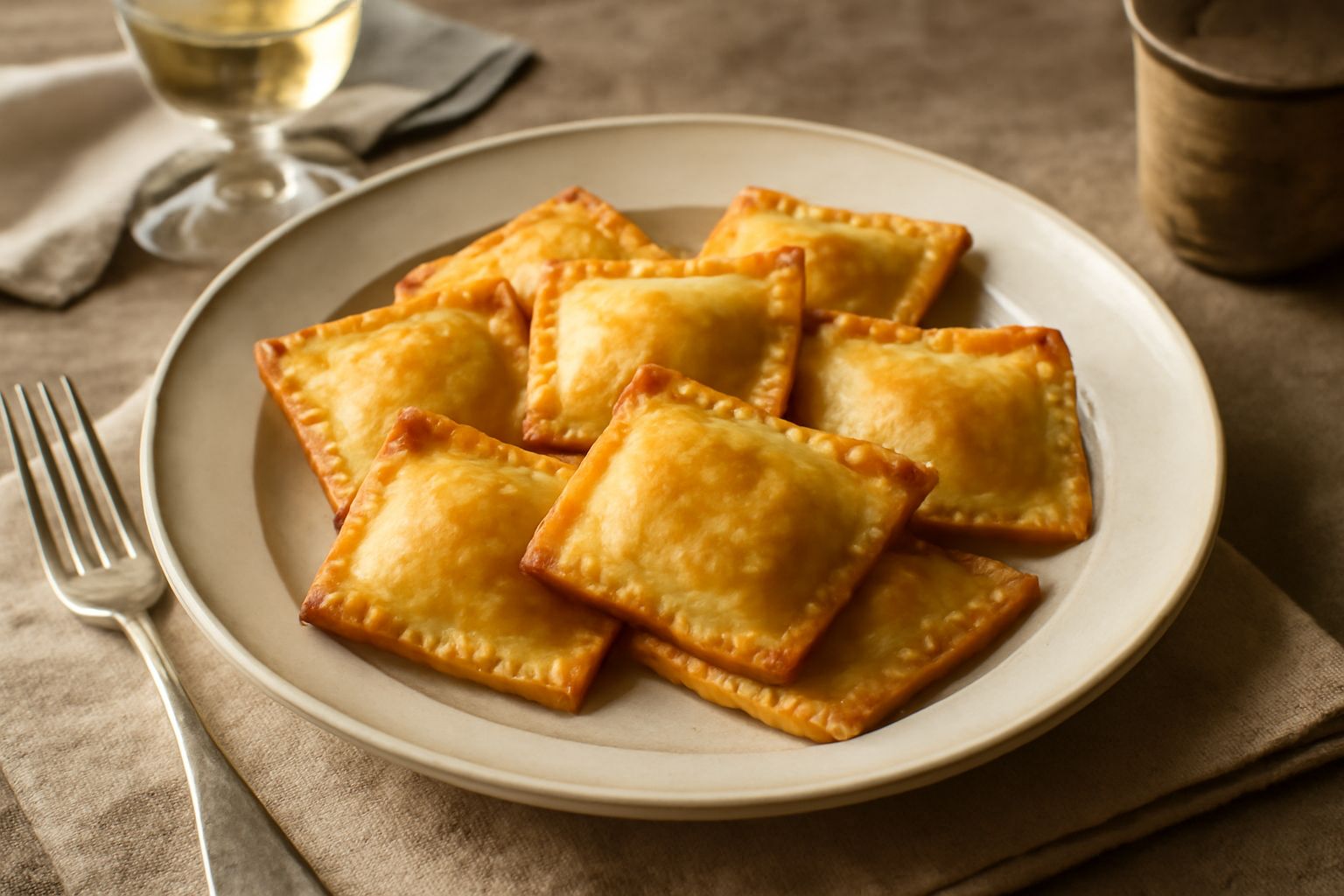 Quattro cjarsons dorati e croccanti disposti su un piatto bianco, sfoglia dorata trasparente, superficie sfogliata, prugna scura visibile da una rottura accidentale sul bordo, spolverata di zucchero a