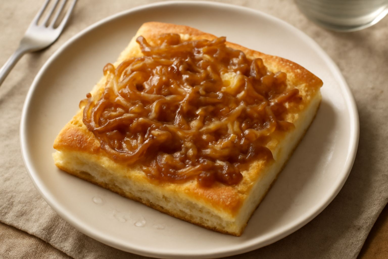Focaccia quadrata dorata con cipolle caramellate color ambra, cristalli di sale marino sulla superficie, olio lucido, servita su carta da forno bianca