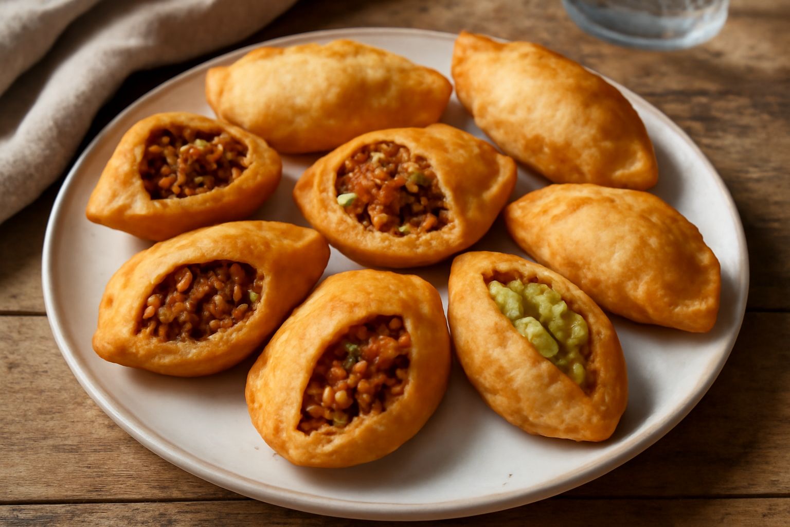 Tre cocciolette dorate e croccanti appoggiate su un piatto bianco, ripiene di ragù di carne visibile nel bordo superiore, con contorno di insalata verde fresca