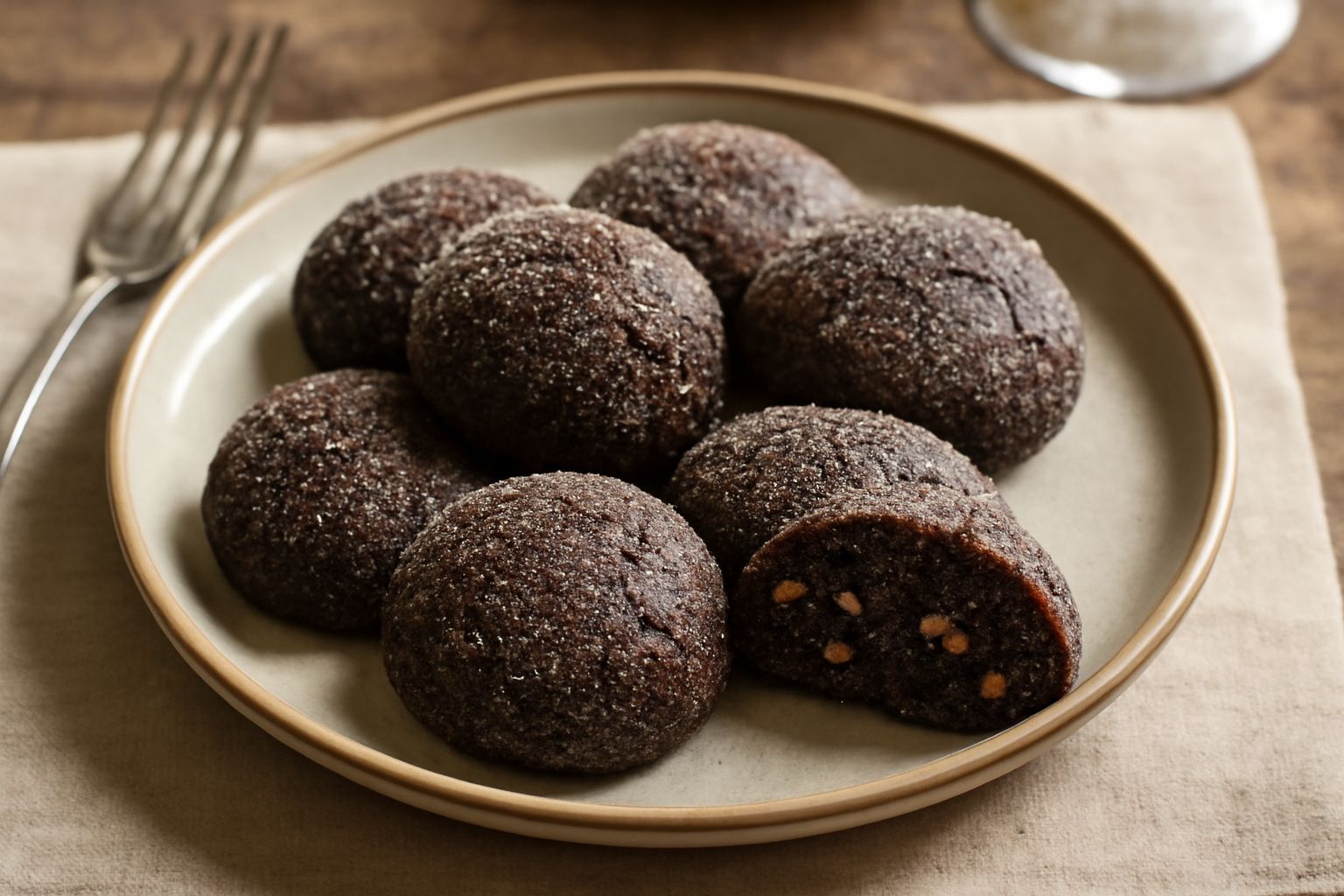 Biscotti tondeggianti color marrone scuro con una leggera screpolatura in superficie, cosparsi di zucchero granulato bianco, disposti su un piatto di ceramica bianca. Accanto una tazza di caffè scuro 