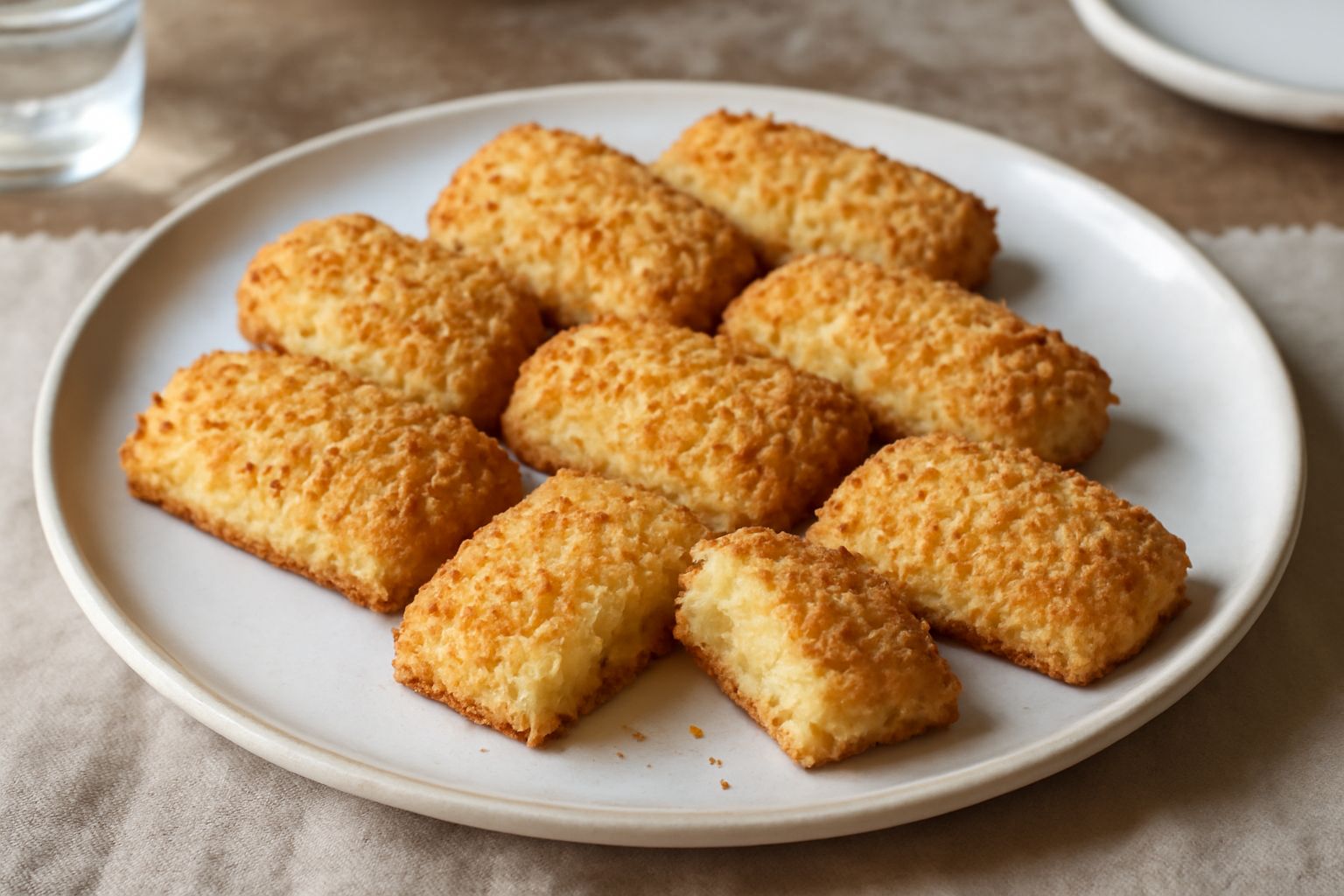 Otto biscotti di forma rettangolare, dorati e leggermente spaccati sulla superficie, ricoperti di fiocchi di cocco bianco brillante, disposti su un piatto di porcellana bianca su uno sfondo di legno n