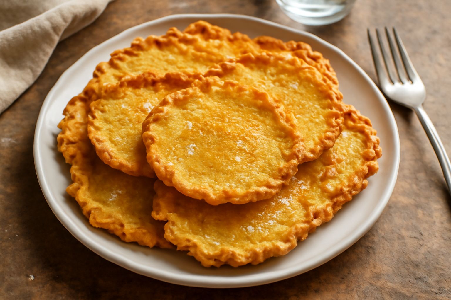 Coccoi dorati e croccanti impilati su un piatto bianco, con superficie ruvida e screpolature, ancora fumanti, con grani di sale visibili in superficie