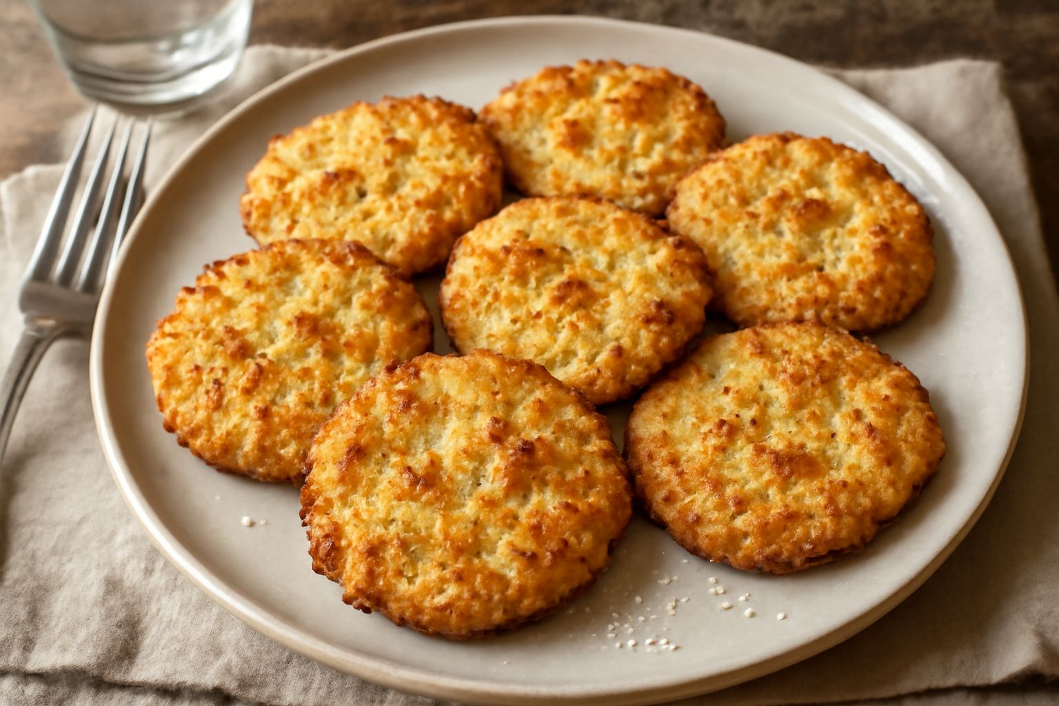 Biscotti salati dorati e irregolari dei «coccoi cun formaggio» disposti su un piatto di ceramica, croccanti con sfogliature di formaggio visibili in superficie, contornati da grani di sale marino