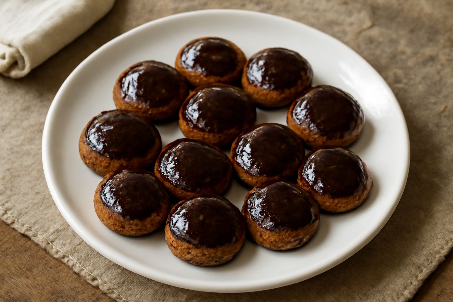 Biscotti sardi «coccoi cun saba» color marrone dorato, tondi e croccanti, ricoperti di glassa scura lucida di saba, disposti su un piatto di ceramica bianca con due biscotti sovrapposti al centro