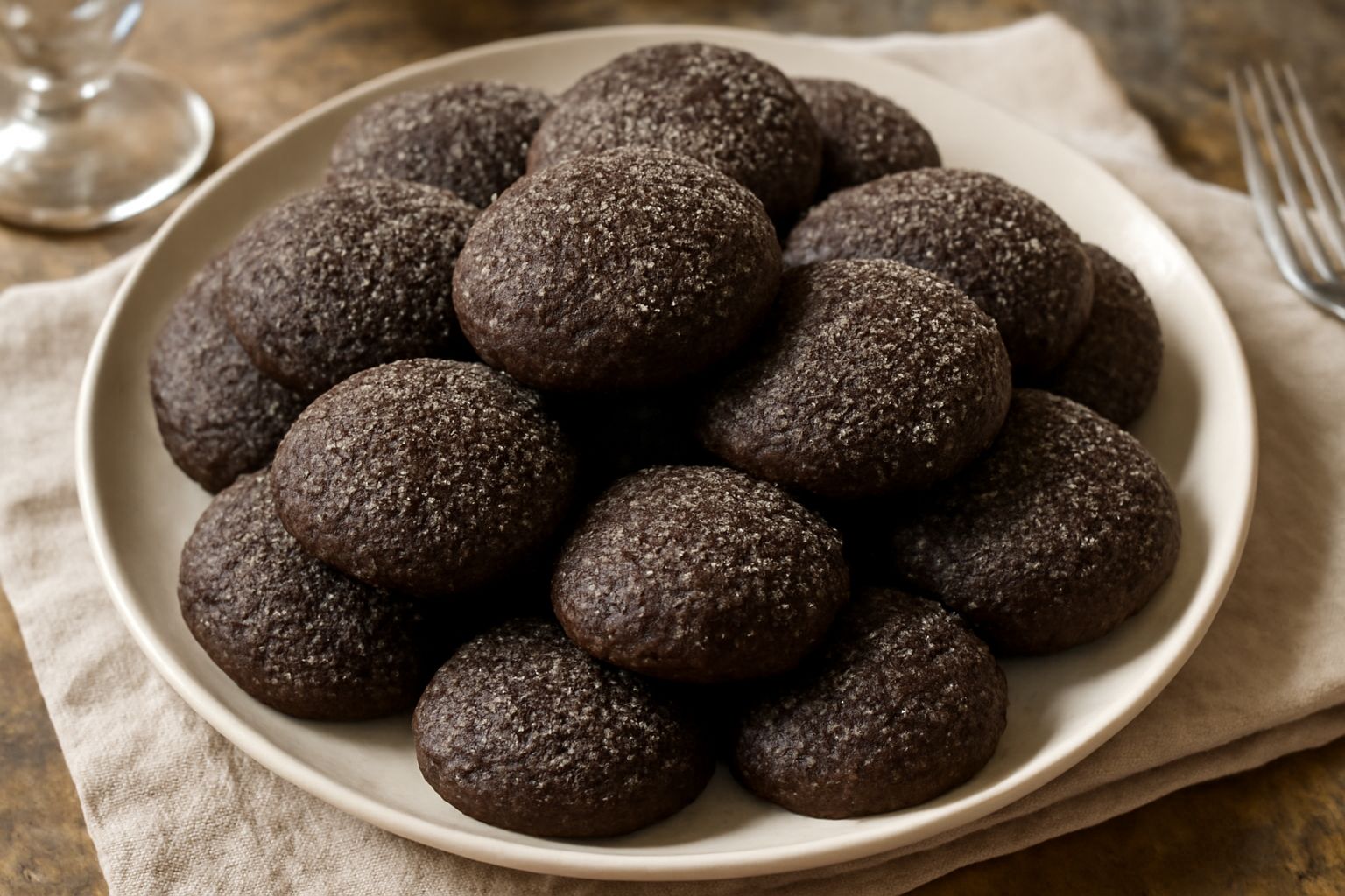 Coccoi de saba disposti su un piatto di ceramica bianca, biscotti di colore marrone scuro dal profilo arrotondato leggermente bombato, con una leggera brinatura di zucchero visibile sulla superficie, 