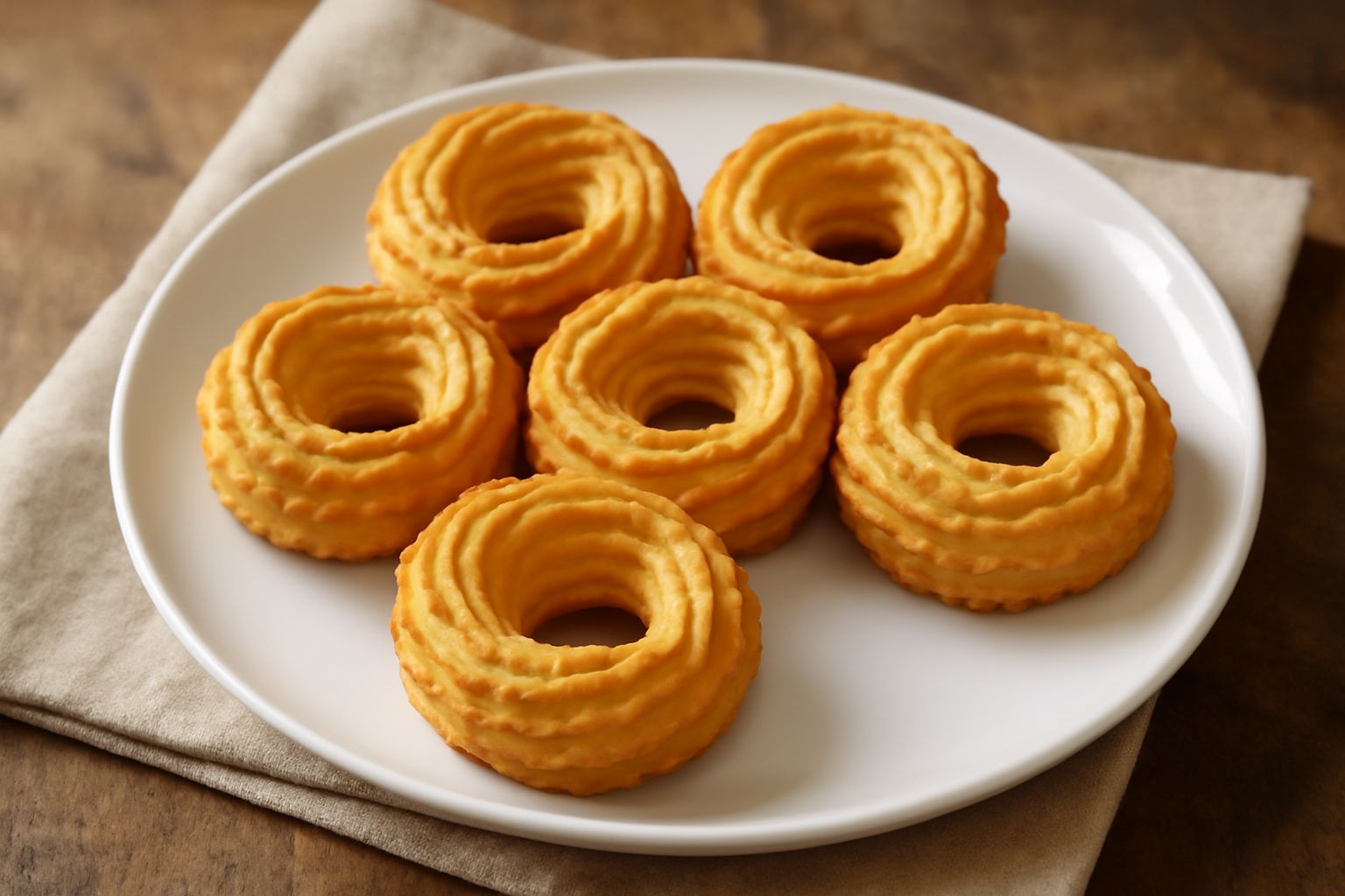 Coccoi nidu sardi su piatto bianco, biscotti color oro a forma di piccolo nido, disposti in fila, con superficie ondulata visibile e sfondo neutro sfocato