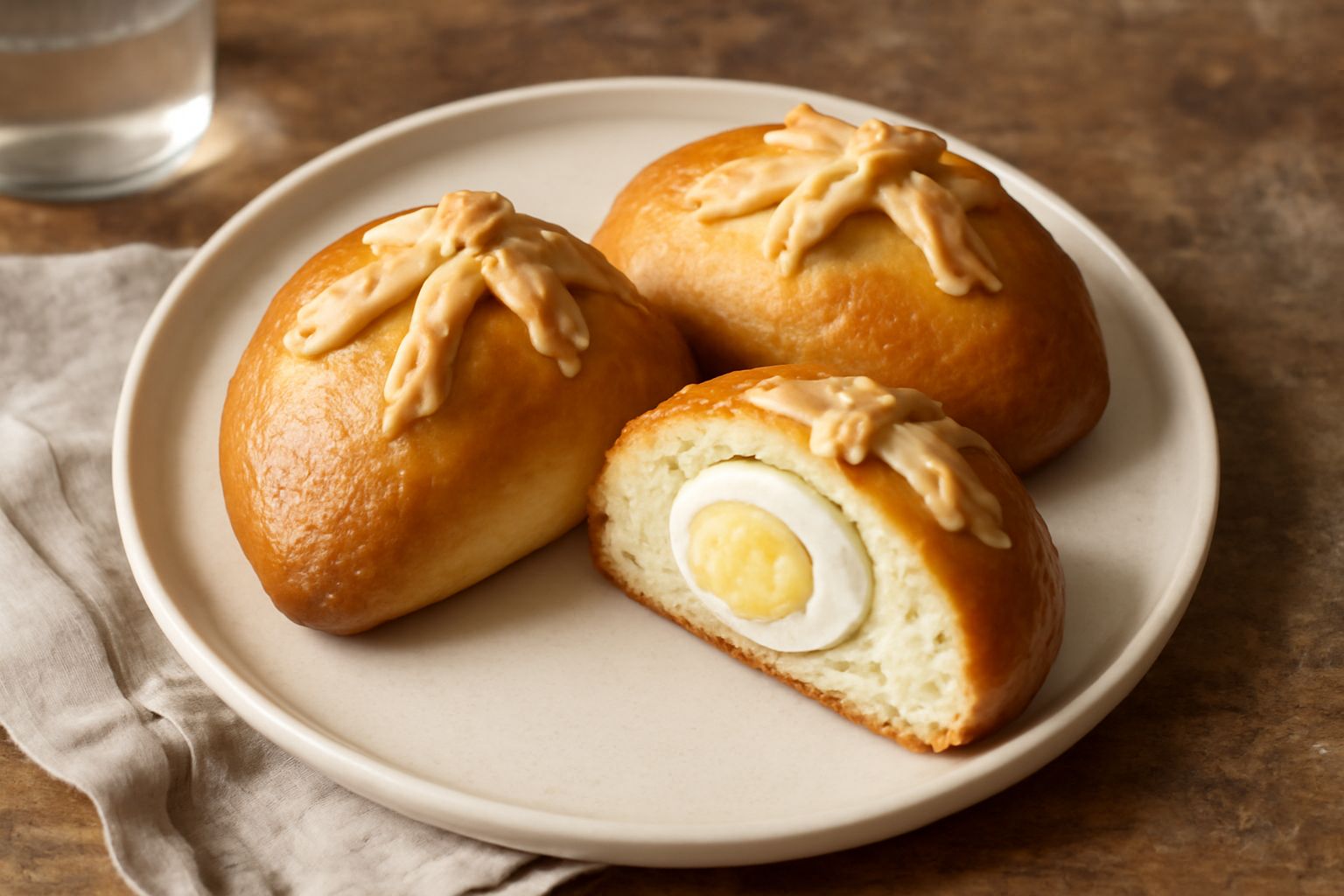 Coccois de pasca su un vassoio di carta, dolcetti dorati con decorazioni di pasta cruda sulla superficie, alcuni con uova sode intere visibili al taglio, su fondo di legno naturale