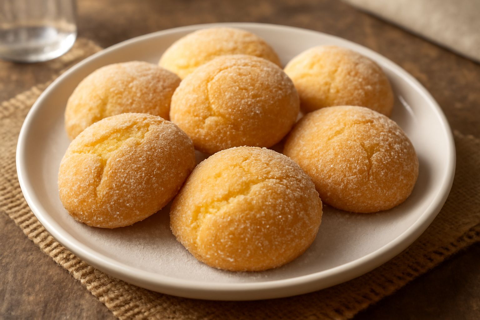 Coccois di semola dorati e croccanti disposti su un piatto bianco, ricoperti di zucchero semolato, con una tazza di caffè sullo sfondo