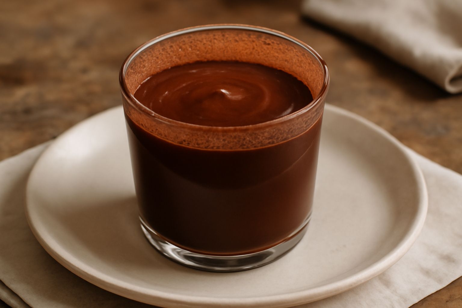 Budino al cacao marrone scuro e cremoso servito in bicchiere di vetro con un cucchiaio dentro, guarnito con una spolverata di cacao in polvere sulla superficie liscia, su sfondo bianco