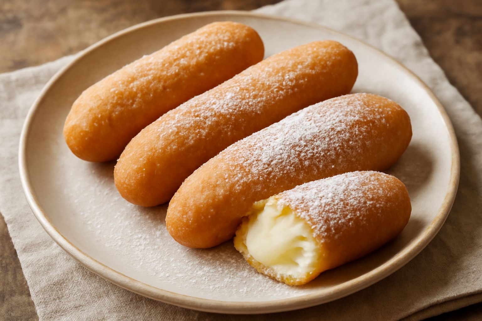 Cocconate dorate e soffici su un piatto bianco, spruzzate di zucchero a velo, con una crema dolce che esce dal taglio, circondate da una tazza di caffè