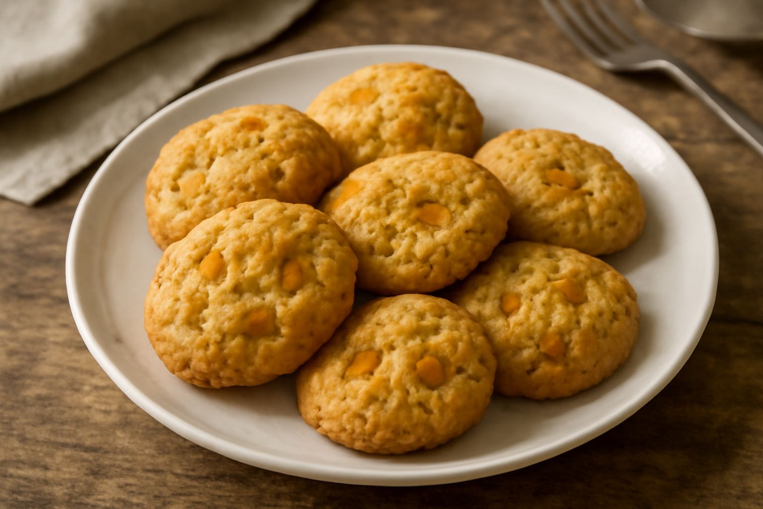 Biscotti «coccu de mele» dorati e friabili disposti su piatto bianco, con mele rosse tagliate accanto, superficie irregolare e croccante, colore ambrato uniforme
