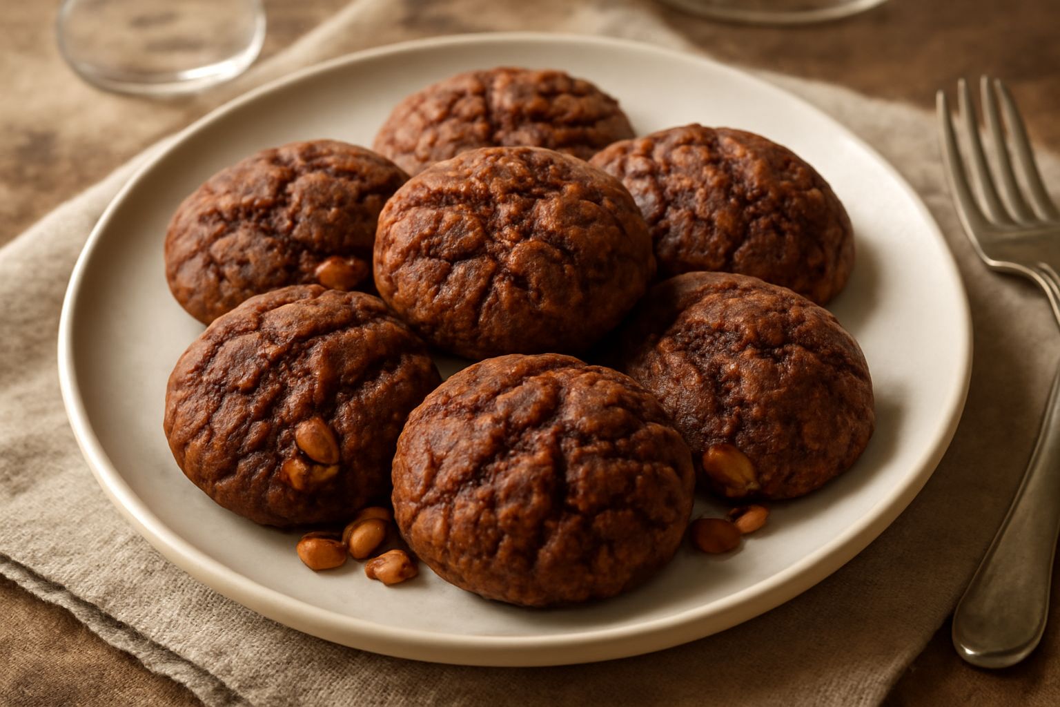 Cocoi de saba impilati su un piatto di ceramica, biscotti color marrone scuro con superficie irregolare, circondati da noci intere e anice stellato