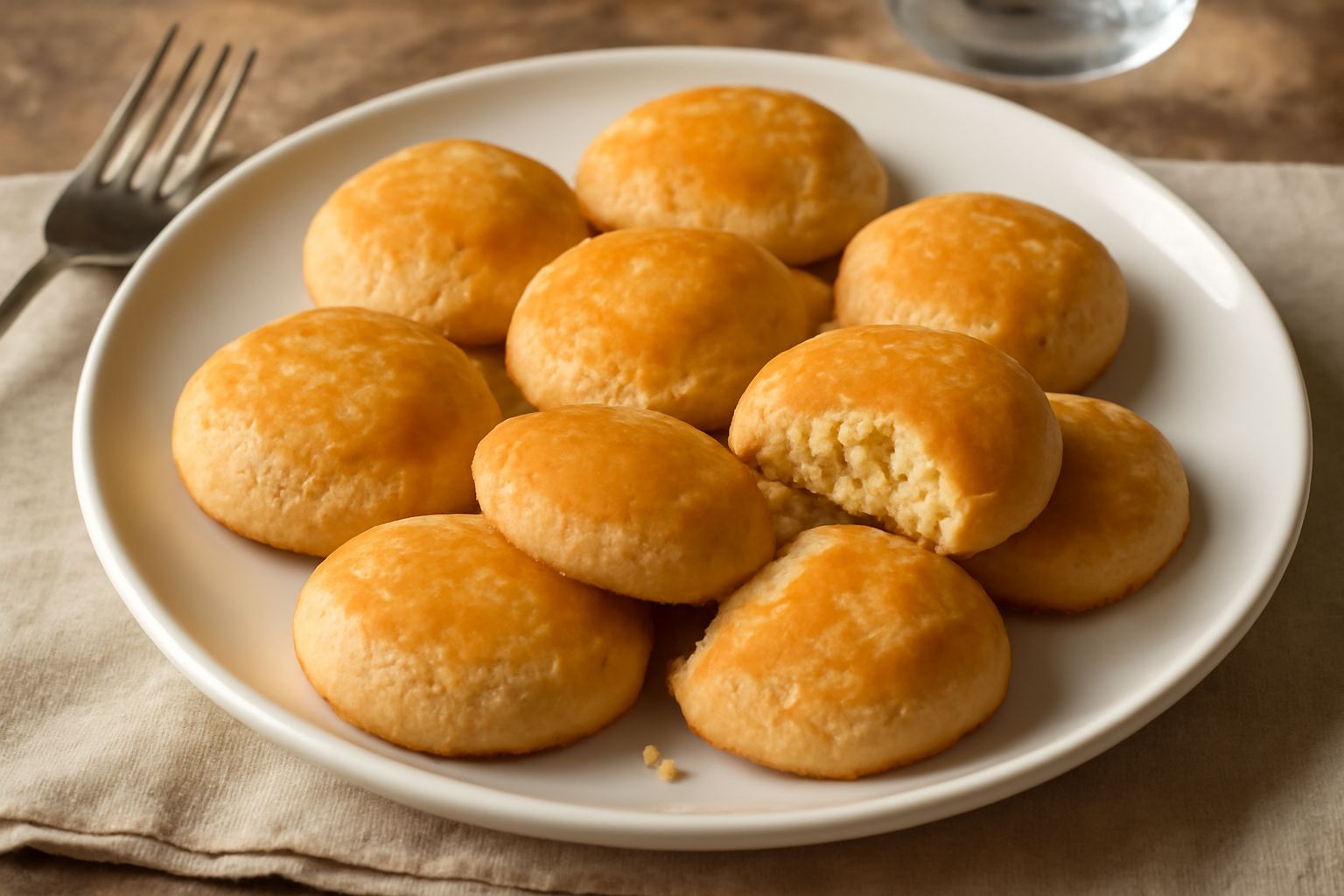 Cocois disposti su un piatto bianco, biscotti dorati e croccanti dalla forma tonda leggermente schiacciata, con una texture granulosa visibile in superficie, accompagnati da un bicchiere di latte