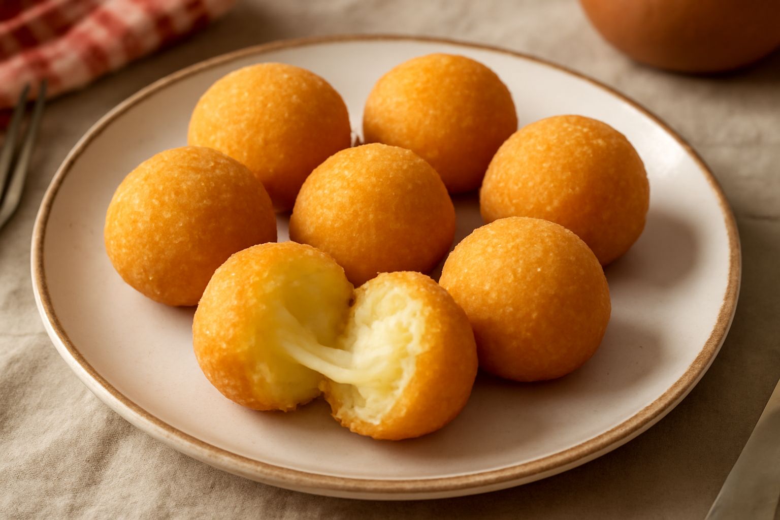Sei cocos de patata dorati e croccanti su un piatto bianco, con patate ancora visibili, guarniti con prezzemolo fresco e una ciotola di salsa rossa a lato