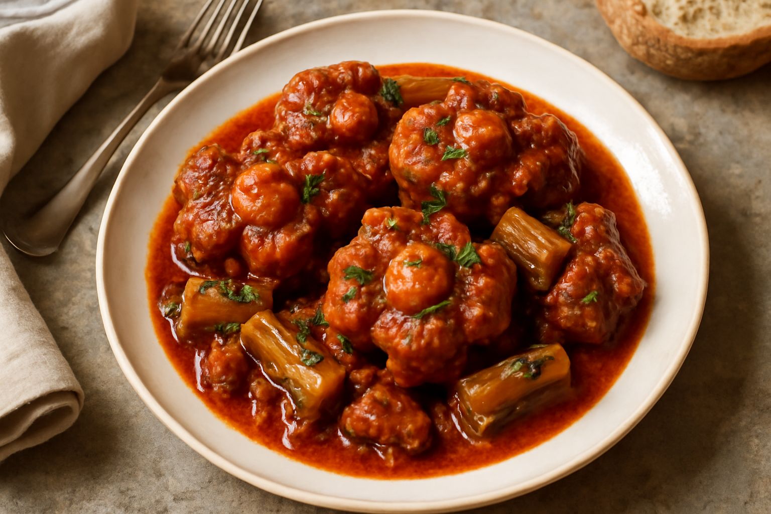 Coda di manzo brasata in pentola di coccio con pomodori rossi, sedano e brodo marrone scuro, pezzi di carne tenera visibili a fette spesse