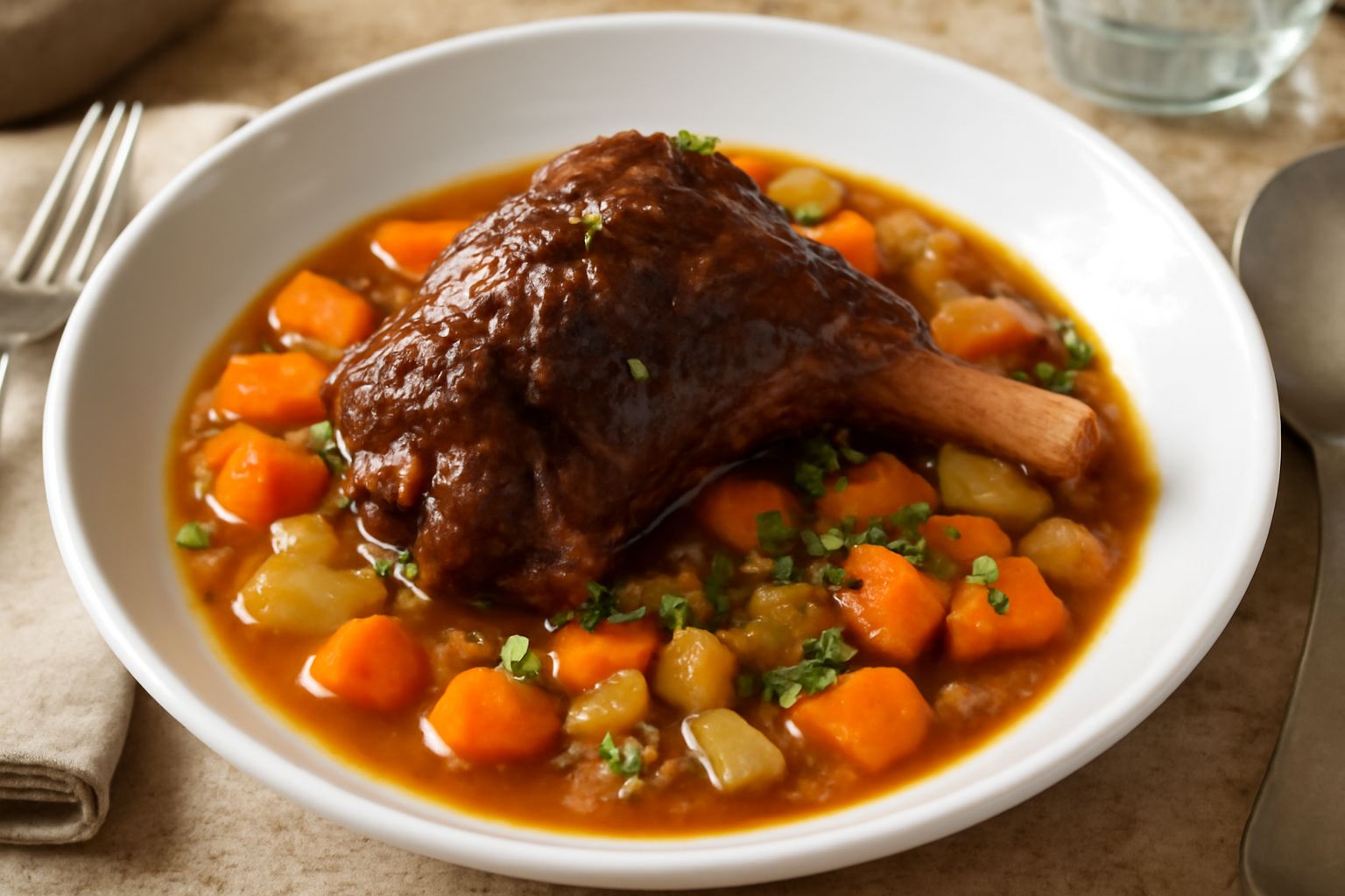 Coda d'agnello brasata nel piatto, con salsa marrone lucida, contorno di verdure rosse e gialle, prezzemolo fresco e olio d'oliva
