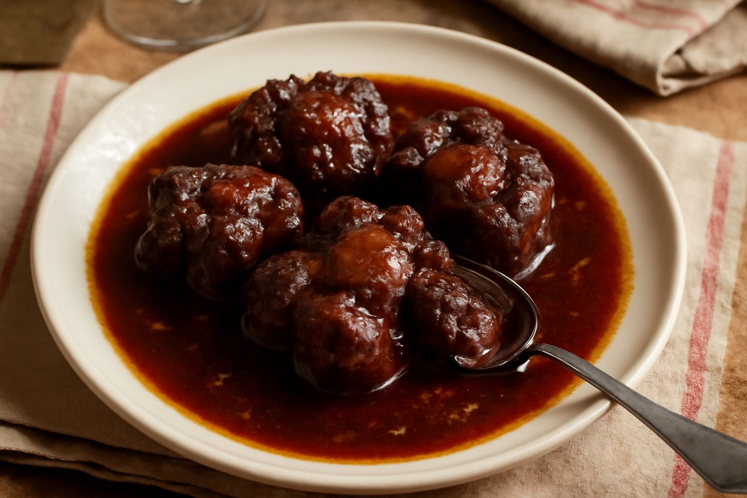 Coda di bue brasata in tegame rosso, con pezzi di carne scura e tenera immersi in brodo denso e lucido color bordeaux, accompagnata da carota e sedano cotti, servita in piatto fondo bianco