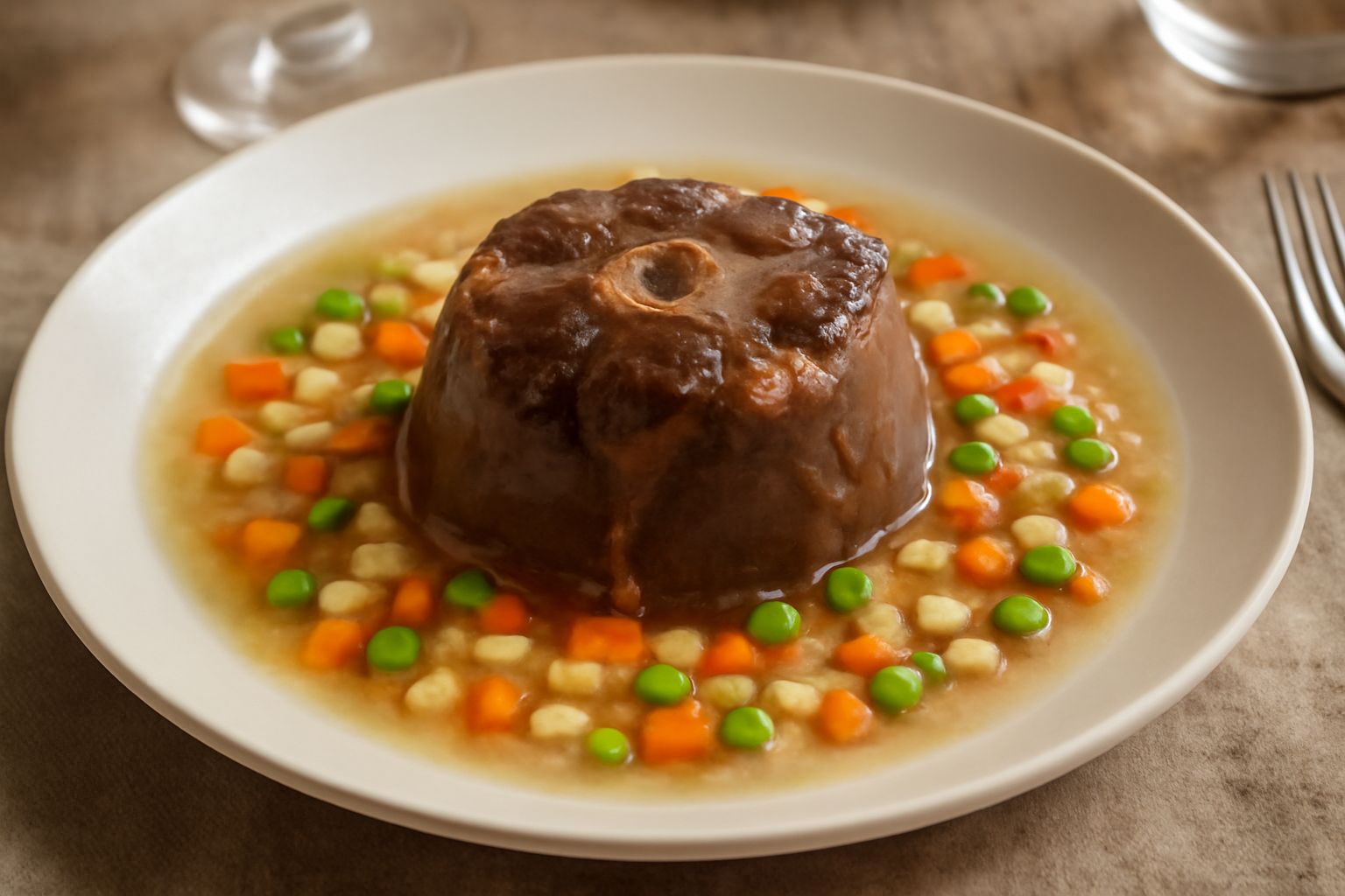 Coda di bue fredda affettata su piatto bianco, gelatinosa e trasparente, circondata da verdure cotte a dadini, decoro di prezzemolo fresco, con aspic brillante intorno