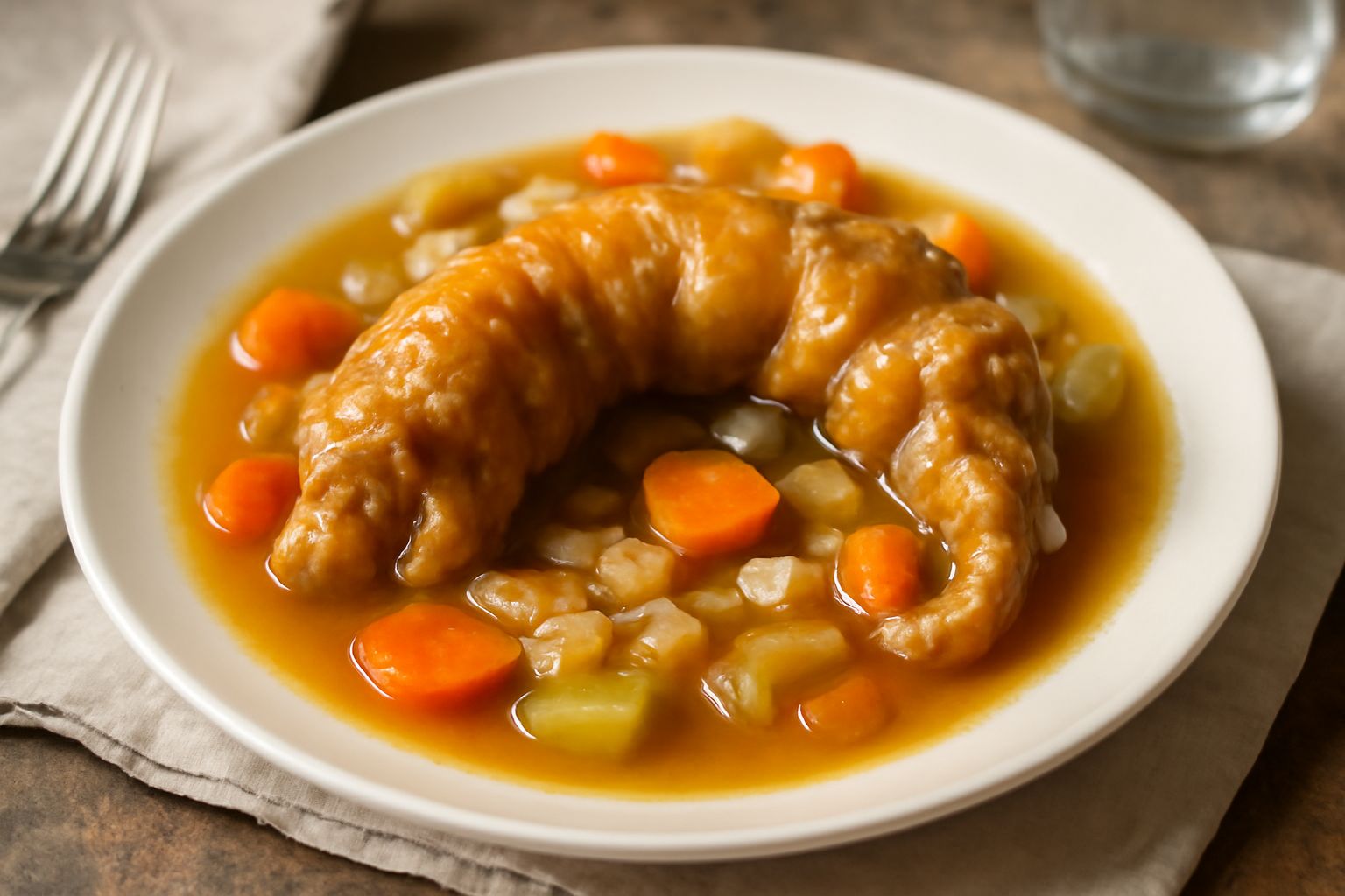 Coda di maiale cotta in umido, dorata e lucida nel suo brodo, circondata da carota, sedano e cipolla affettati, in una pentola in terracotta su un tavolo rustico
