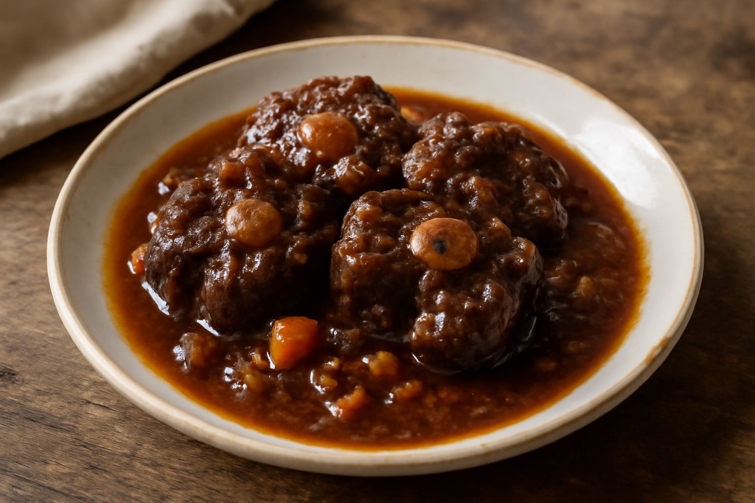 Coda di manzo in umido in una terrina di ceramica bianca, con la carne scura e morbida immersa in un sugo ricco color marrone, contornata da pezzi di carota, sedano e cipolla cotta, una spolverata di 