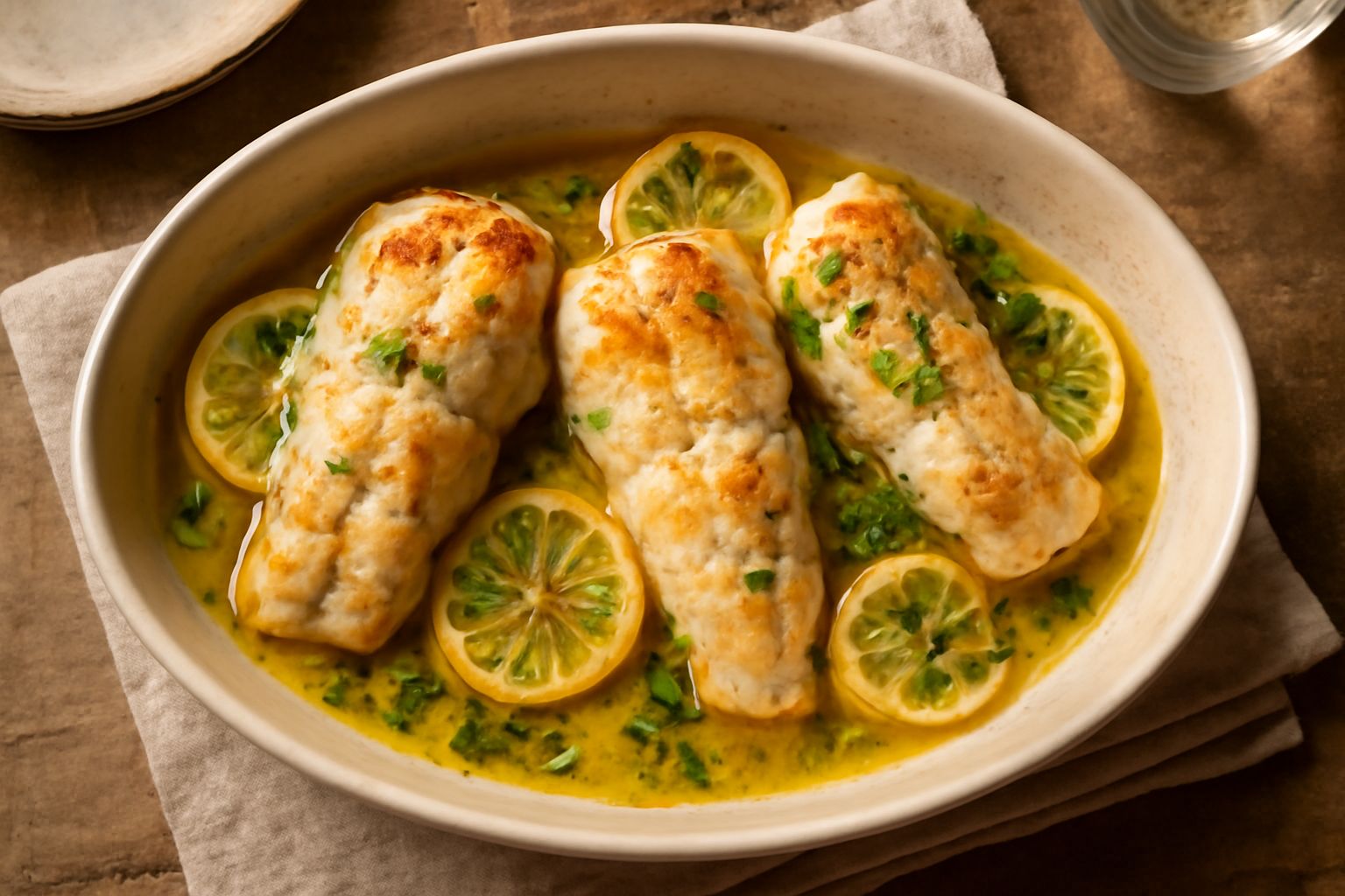 Filetti di coda di rospo bianca e tenera in teglia con fettine di limone, pomodorini gialli e rossi, prezzemolo fresco verde, conditi d'olio, appena sfornati e ancora fumanti