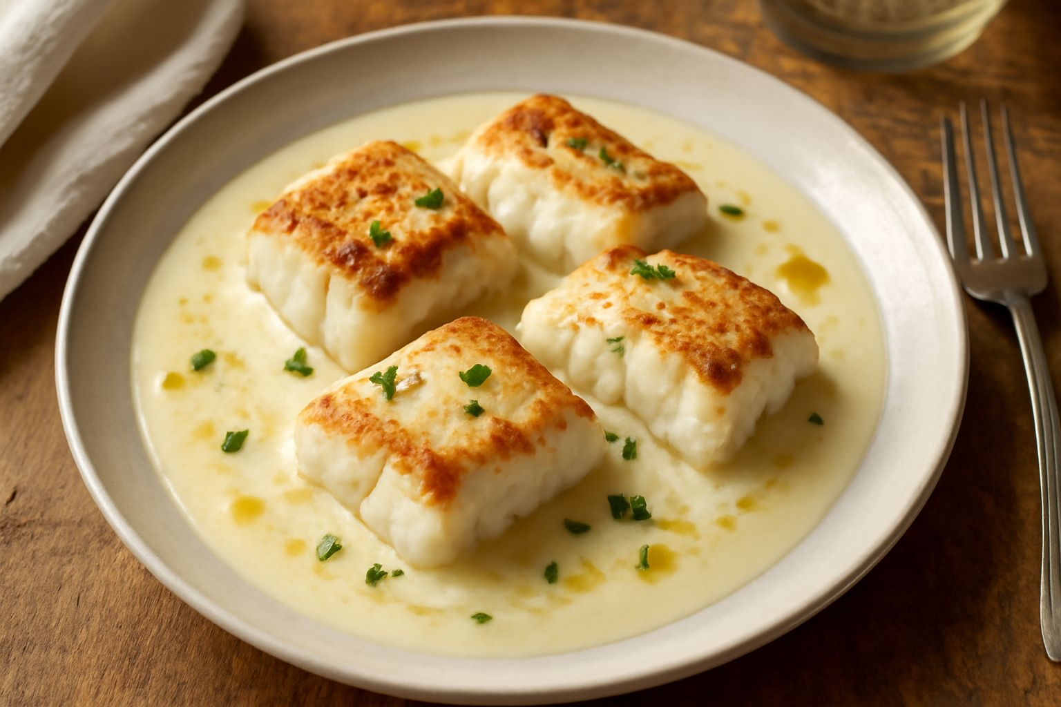 Coda di rospo rosolata e tenera in un piatto bianco, con pezzi da 80 grammi disposti in cerchio, coperti di salsa color panna con riflessi dorati, accompagnati da broccolo verde scuro e limone fresco 