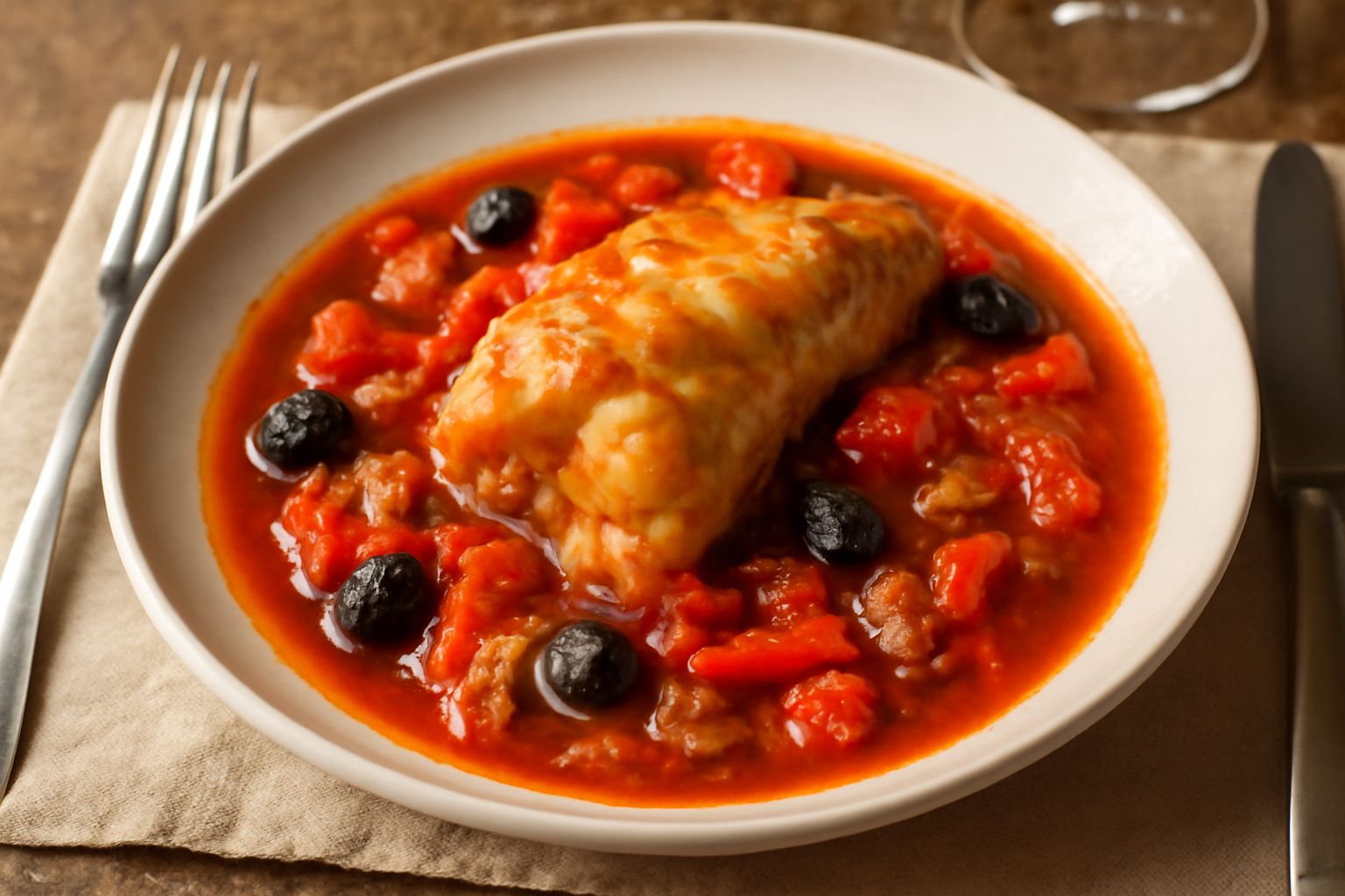 Piatto con coda di rospo in umido, contornata da peperoni rossi e gialli, pomodori, olive nere e una salsa scura lucida a base di brodo, impiattata su un fondo di sauce rosso-bruno, guarnita con prezz