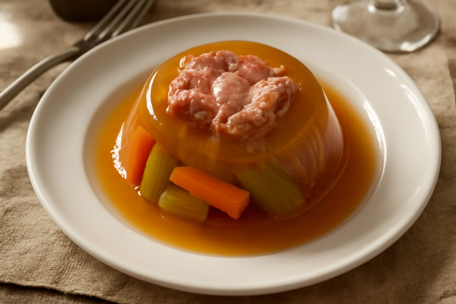 Un piatto bianco con fette di coda di vitello rivestite di gelatina trasparente e leggermente ambrata, circondate da verdure bollite come carota e sedano, guarnite con prezzemolo fresco