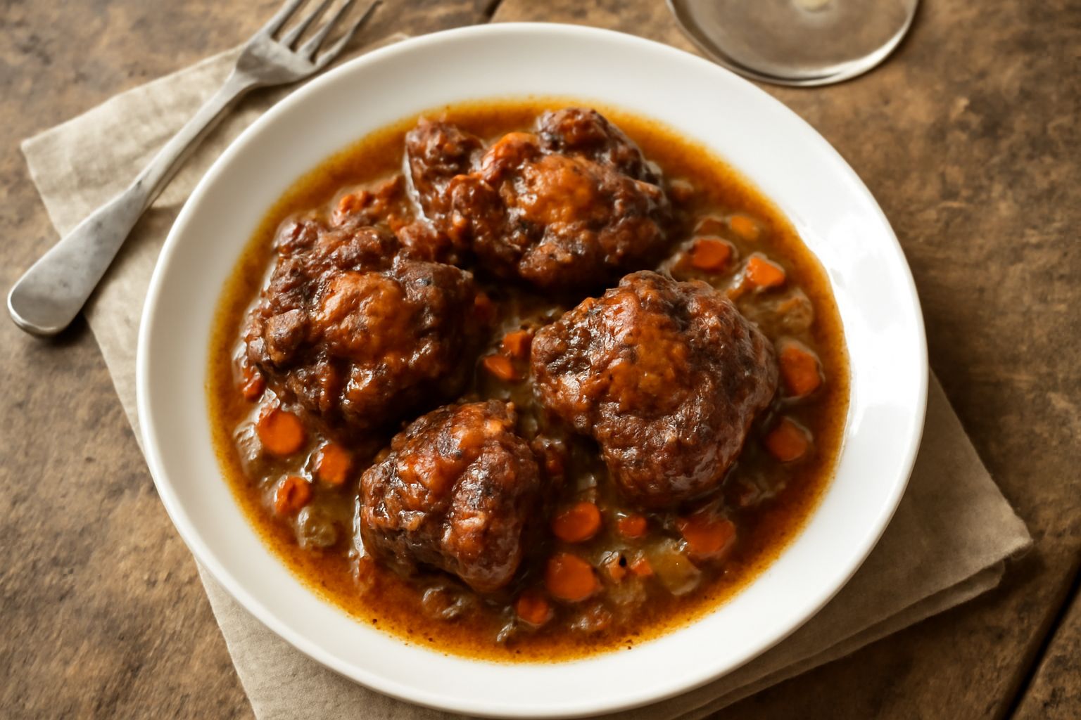 Coda di manzo in umido in una pentola di terracotta: pezzi di carne tenera in salsa bruna scura, contornati da carota, sedano e cipolla ridotti in pezzi morbidi, brodo denso che copre a metà la carne