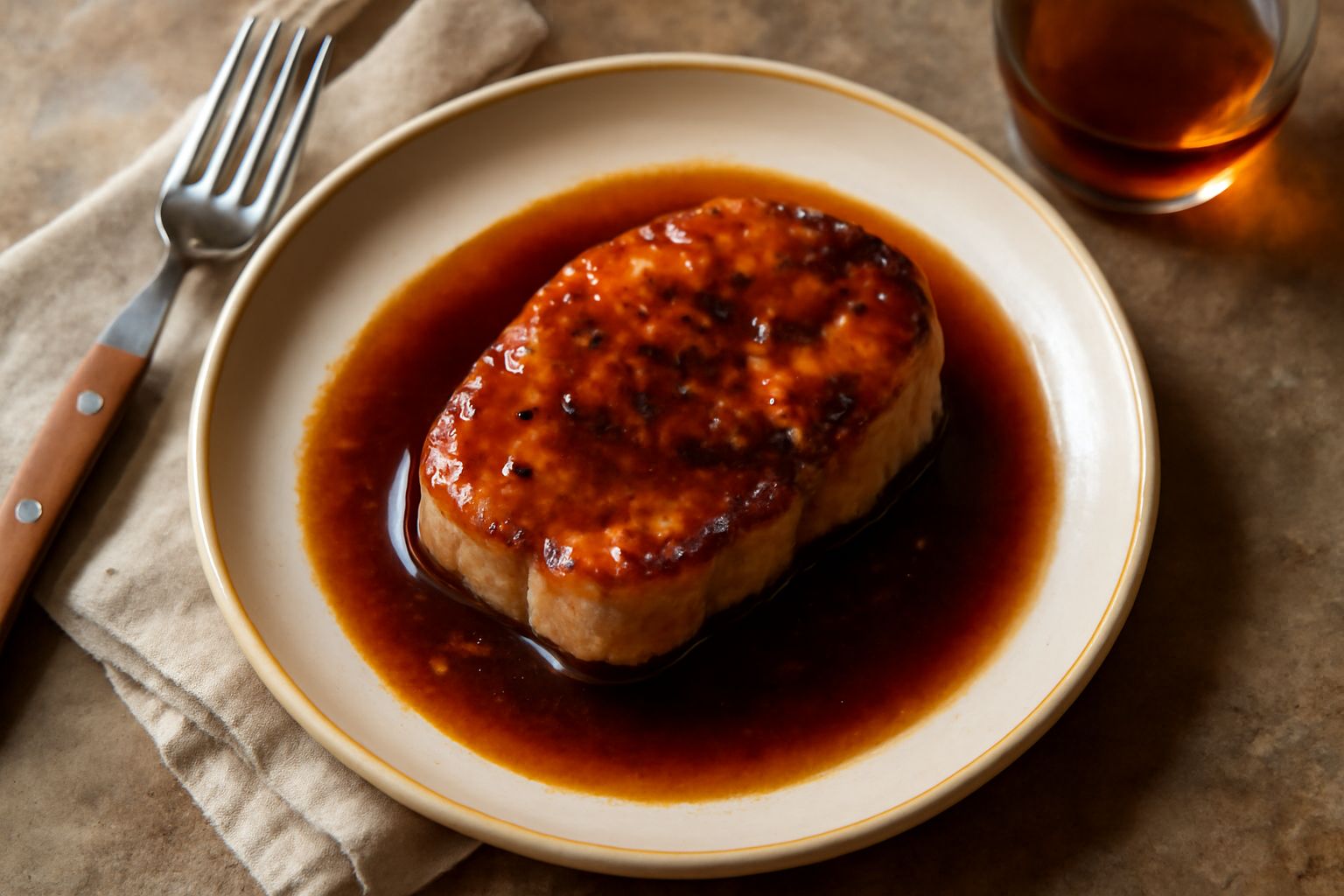 Bicchiere di cognac color ambra poggiato accanto a una padella con carni rosate, fungi morbidi e salsa lucida color marrone; in sfondo una bottiglia classica di cognac con etichetta scura