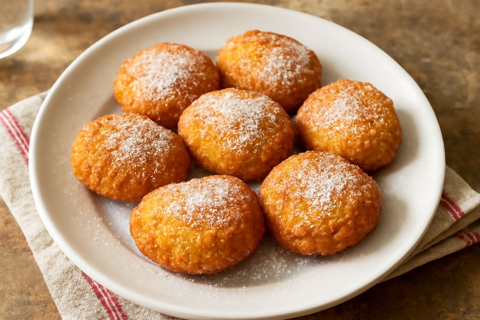Cogonadas dorate e croccanti impilate nel piatto, con bordi dorati e irregolari, ricoperte leggermente di zucchero, servite su un piatto bianco con una tazza di caffè di lato